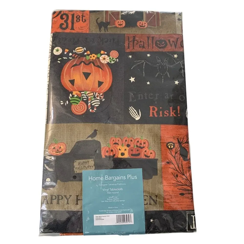 Halloween Themed Tablecloth 70in Round Polyester Backed Vinyl Surface NEW